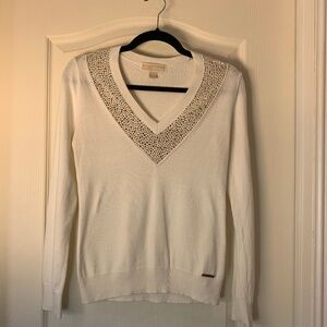 Michael Michael Kors Cream & Gold Dot V-Neck Knit Sweater XS | Luxe Casual Chic